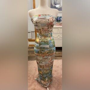 Tiger Mist Arienne Gorgeous Strapless Maxi Dress w/Postcards, NWT, rare!